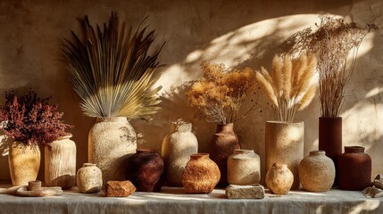 Fototapeta premium Tabletop arrangement ceramic vases organic shapes dried flowers linen textiles soft earthy aesthetic sunlight shadows