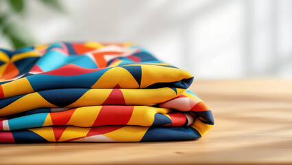 Stacked geometric patterned fabric provides a bright vibrant design element sitting on a wooden