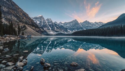 Crystal-Clear Alpine Lake Reflecting Snow-Capped Mountains