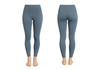 Blue-grey athletic leggings, two views, isolated on transparent background.