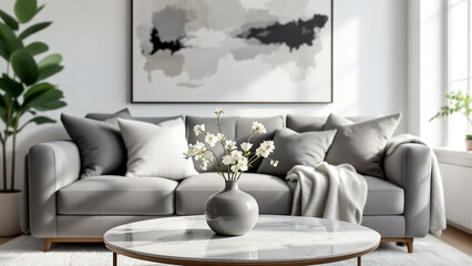 Stylish monochrome living room arrangement exudes modern serenity with inviting comfort