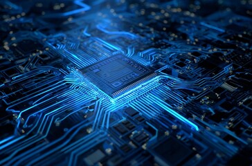 Close-up of a glowing integrated circuit on a printed circuit board with blue illumination