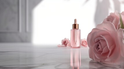 A glass dropper bottle with pink liquid sits on a marble surface beside soft pink roses in a bright, elegant setting.