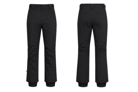 Technical black ski pants, front and back views, isolated on transparent background.