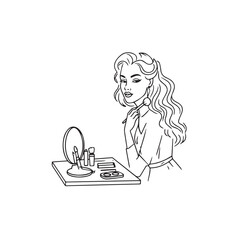 Black and white line art of a beautiful woman doing makeup at dressing table with mirror illustration
