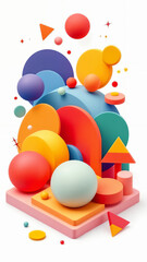 Vibrant geometric assemblage showcasing an array of colorful three-dimensional forms playfully