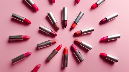 Arrangement of various lipsticks in a circular pattern on a pink background