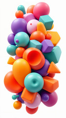 Vibrant geometric shapes in an abstract arrangement, playful composition against stark white