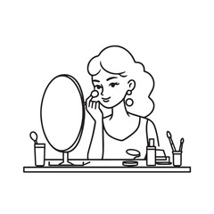 Black and white line art of a beautiful woman doing makeup at dressing table with mirror illustration
