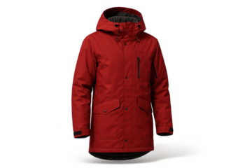 Vibrant red winter parka jacket with hood, isolated on transparent background