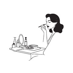 Black and white line art of a beautiful woman doing makeup at dressing table with mirror illustration
