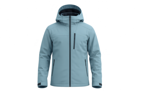 Light blue hooded winter jacket isolated on a transparent background, stylish design.