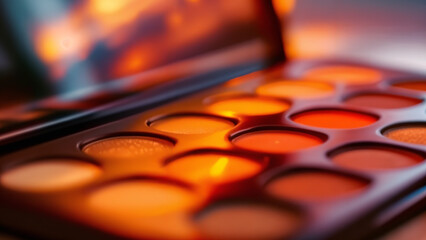 Warm sunset tones in a cosmetic palette for eyeshadow application artistry focus