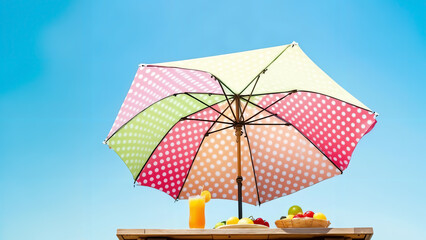 Whimsical sunshade umbrella with colorful polka dots offering a tranquil beachfront escape