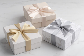 Obraz premium luxury gift box with satin ribbons in metallic colors (gold, silver, rose gold)