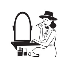 Black and white line art of a beautiful woman doing makeup at dressing table with mirror illustration
