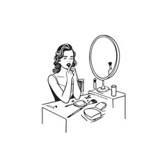 Black and white line art of a beautiful woman doing makeup at dressing table with mirror illustration
