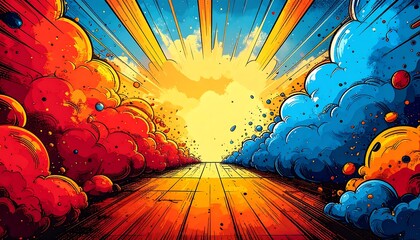 Colorful comic book style clouds meet on a wooden floor