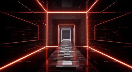 Futuristic corridor with red neon lighting and reflective floor leading into darkness