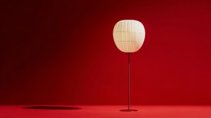 A minimalist floor lamp with a spherical woven shade stands against a deep red background.