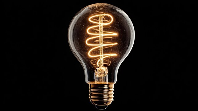 Vintage light bulb with glowing filament on black background.