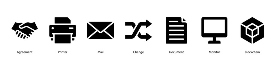 Digital Business Tools web banner icon vector illustration featuring Agreement, Printer, Mail, Change, Document, Monitor, and Blockchain for modern office operations.