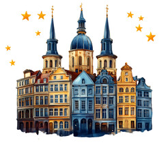 Naklejka premium Colorful european cityscape night illustration with transparent background