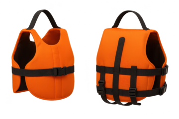 Two orange pet life vests, or dog life jackets, isolated on transparent background