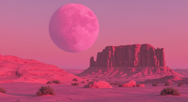 Pink-hued desert landscape with large moon and rock formation under surreal sky