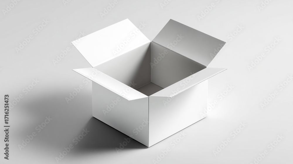 Poster a white cardboard box open on a light gray background showing an empty interior