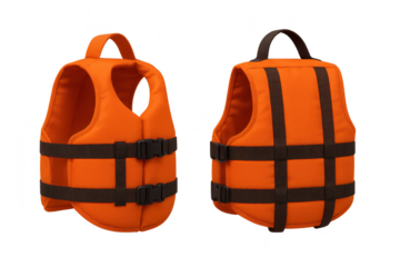 Two orange life vests, front and back, isolated on transparent background