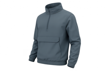 Stylish greyish-blue quarter-zip anorak jacket, isolated on transparent background.