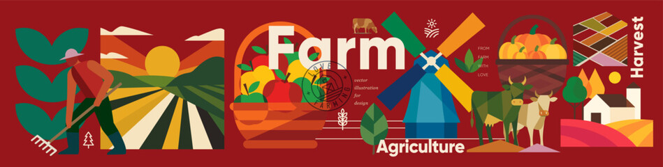 Farm. Vector modern abstract illustrations of agriculture, harvest, mill, field, farmer, basket with apples and pumpkins, cow and village for poster, background or cover.