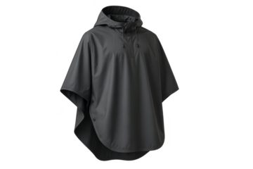Sleek dark grey rain poncho with hood, isolated on transparent background.
