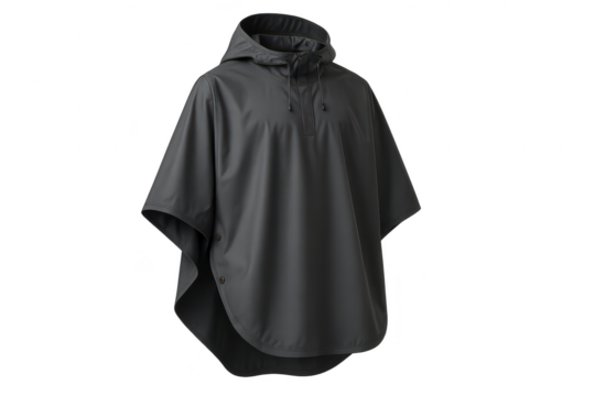 Sleek dark grey rain poncho with hood, isolated on transparent background.