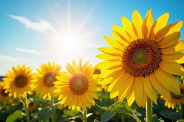 Obraz premium Vibrant sunflowers bask in the warm glow of summer sunlight, their faces tilted towards the radiant rays A breathtaking display of nature's beauty and the power of the sun , leaves, growth, sunny