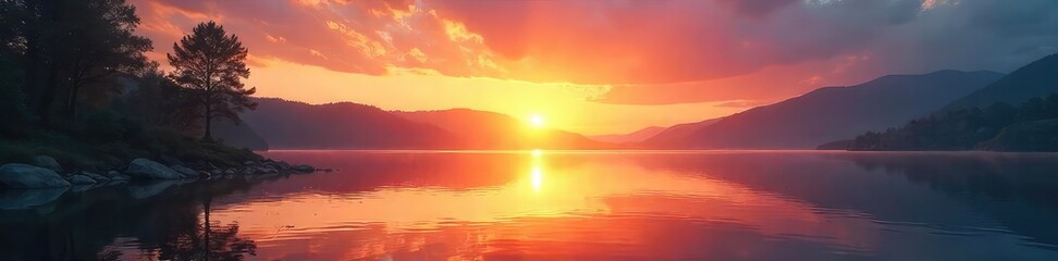 Vibrant sunrise over a tranquil lake, reflecting serene nature and promoting a sense of calm and wellbeing Ideal for wellness, mindfulness, and healthy lifestyle concepts , morning, optimism