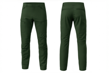 Green outdoor cargo pants isolated on transparent background, front and back.
