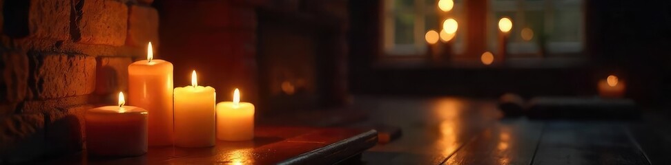 Warm, flickering candlelight illuminates a dark room, casting soft shadows and creating a cozy, intimate atmosphere Perfect for relaxation, romance, or spiritual themes , fire, light, hygge