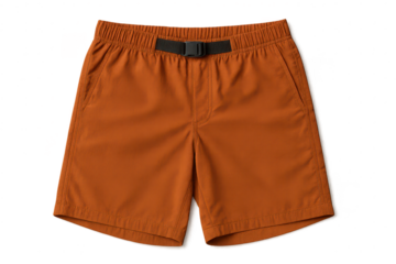 Stylish orange casual shorts with buckle belt, isolated on transparent background