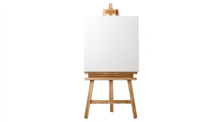 Wooden easel holding a blank, white canvas against a plain white background