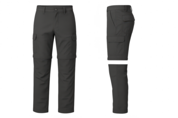 Durable dark gray men's convertible cargo pants isolated on transparent background