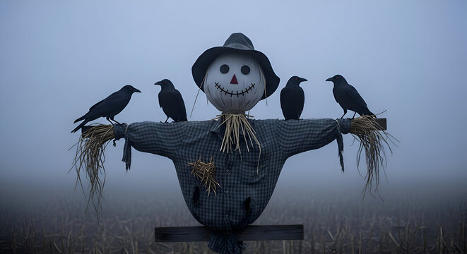 Scarecrow with Crows in a Misty Field - A Spooky Autumn Scene.