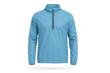 Light blue windbreaker jacket with hood isolated on transparent backdrop