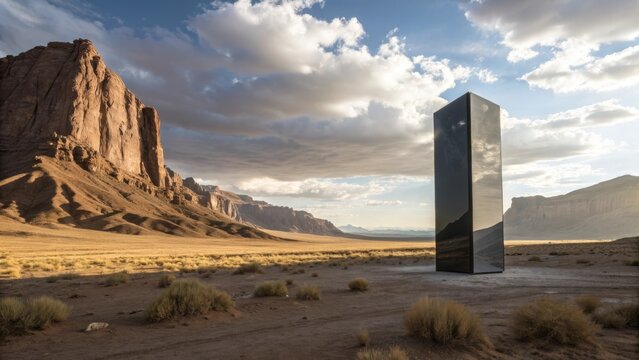 desert monolith: black obsidian sculpture in vast landscape