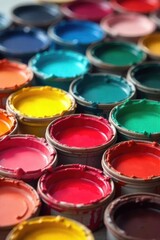 A vibrant array of paint colors in various shades and hues, displayed in small sample pots, ready for selection Perfect for DIY projects, home decor, and artistic inspiration , spectrum, brown