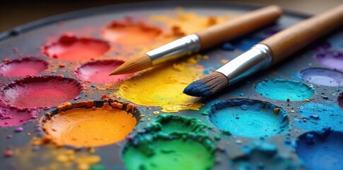 Obraz premium A vibrant artist's palette brimming with colorful oil paints, ready for the next masterpiece Brushes rest gently on the richly pigmented hues, hinting at creative inspiration , oil paint, brush