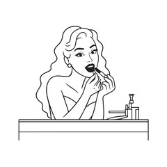 Black and white line art of a beautiful woman doing makeup at dressing table with mirror illustration