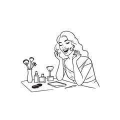Black and white line art of a beautiful woman doing makeup at dressing table with mirror illustration