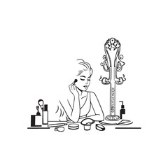 Black and white line art of a beautiful woman doing makeup at dressing table with mirror illustration
